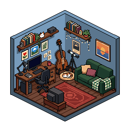 A cozy pixel-art room with a desk, bookshelves, an instrument, green sofa, wall art, and a calico cat in a basket.